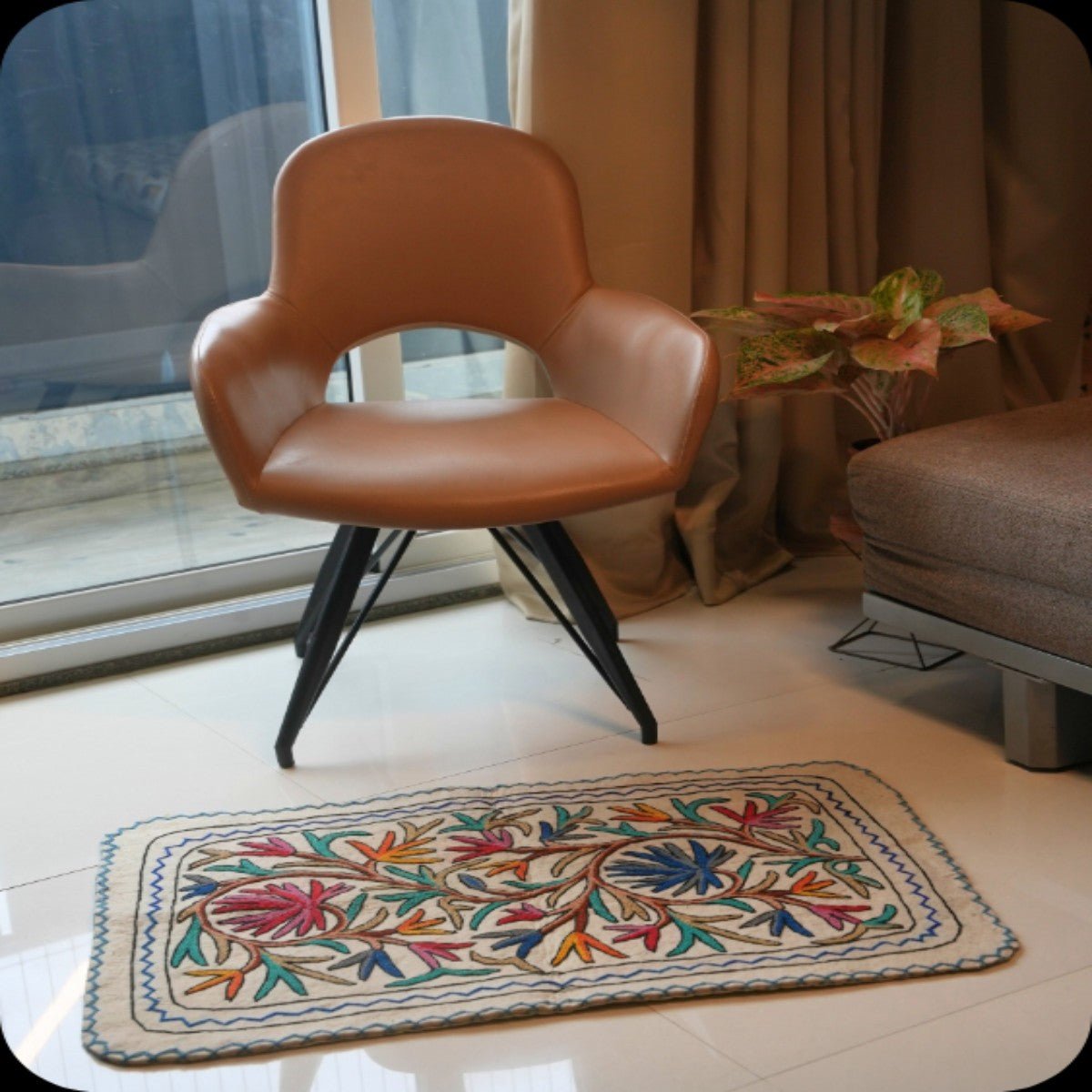Handmade Namda Accent Rug | Kashmiri Wool Felt & Embroidered Carpet – Mats & Rugs on Brown Living™. SKU: b0_rug_0229. Img 1.