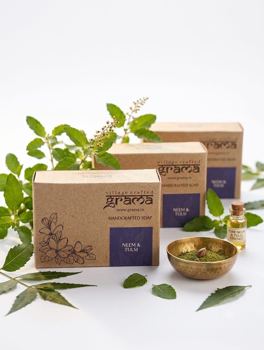 Handmade Neem & Tulsi Soap, 125g each | Pack of 2 & 3 (Hot Process ) – Body Soap on Brown Living™. SKU: Neemandtulsi3. Img 9.