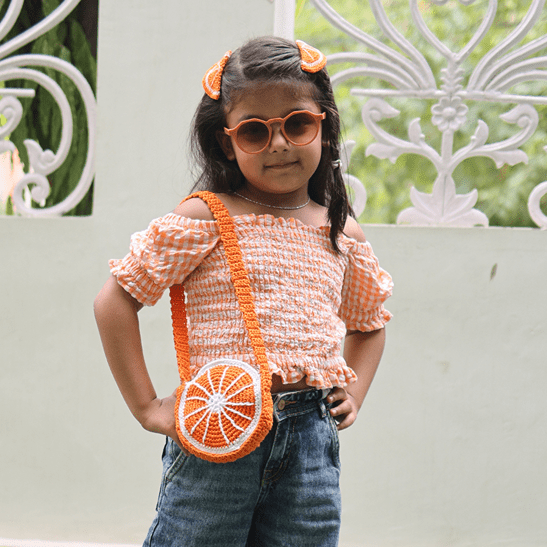 Handmade Orange Crochet Bag – Kids Bags on Brown Living™. SKU: SARKID06. Img 1.