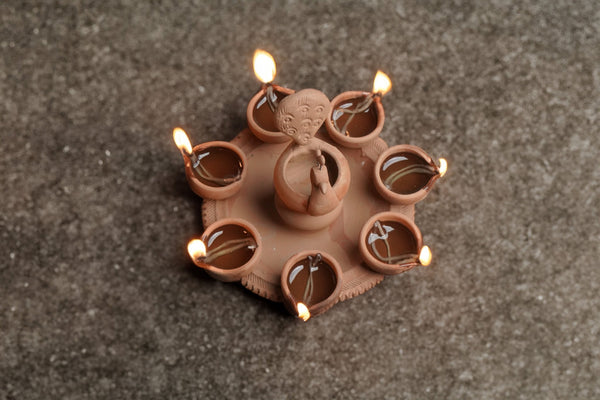 Handmade Peacock Terracotta Holder with 7 Diyas | Verified Sustainable Lamps & Lighting on Brown Living™