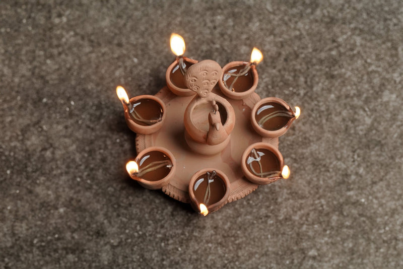 Handmade Peacock Terracotta Holder with 7 Diyas | Verified Sustainable Lamps & Lighting on Brown Living™