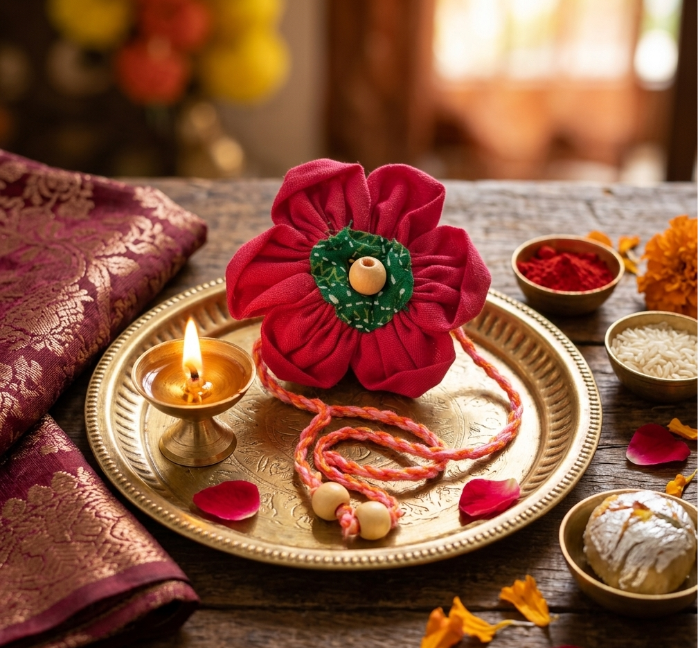 Handmade Pink Floral Rakhi | Dorii Textile Rakhi – Rakhi on Brown Living™. SKU: KR10. Img 1.