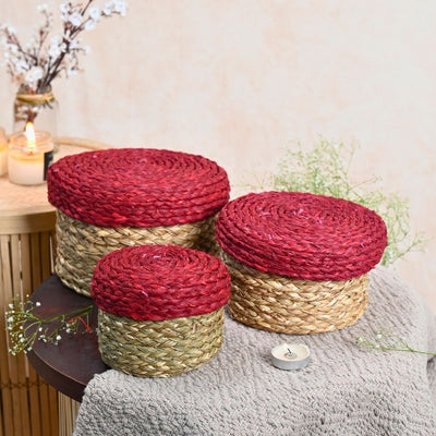 Handmade Sabai Gift Box | Set of 3 – Baskets & Boxes on Brown Living™. SKU: BS43SO3RED - NEW. Img 1.