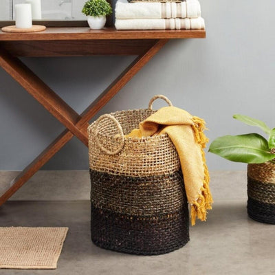 Handmade Sabai Grass Laundry Basket - Black – Baskets & Boxes on Brown Living™. SKU: BSXL42BLK3LD. Img 1.