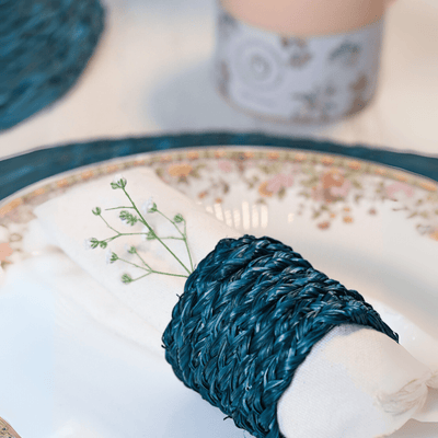 Handmade Sabai Napkin Rings (Set of 4) – Table Decor by Kadam Haat available on Brown Living™. Indigo . SKU: SASDNHING - NEW. Img 5.