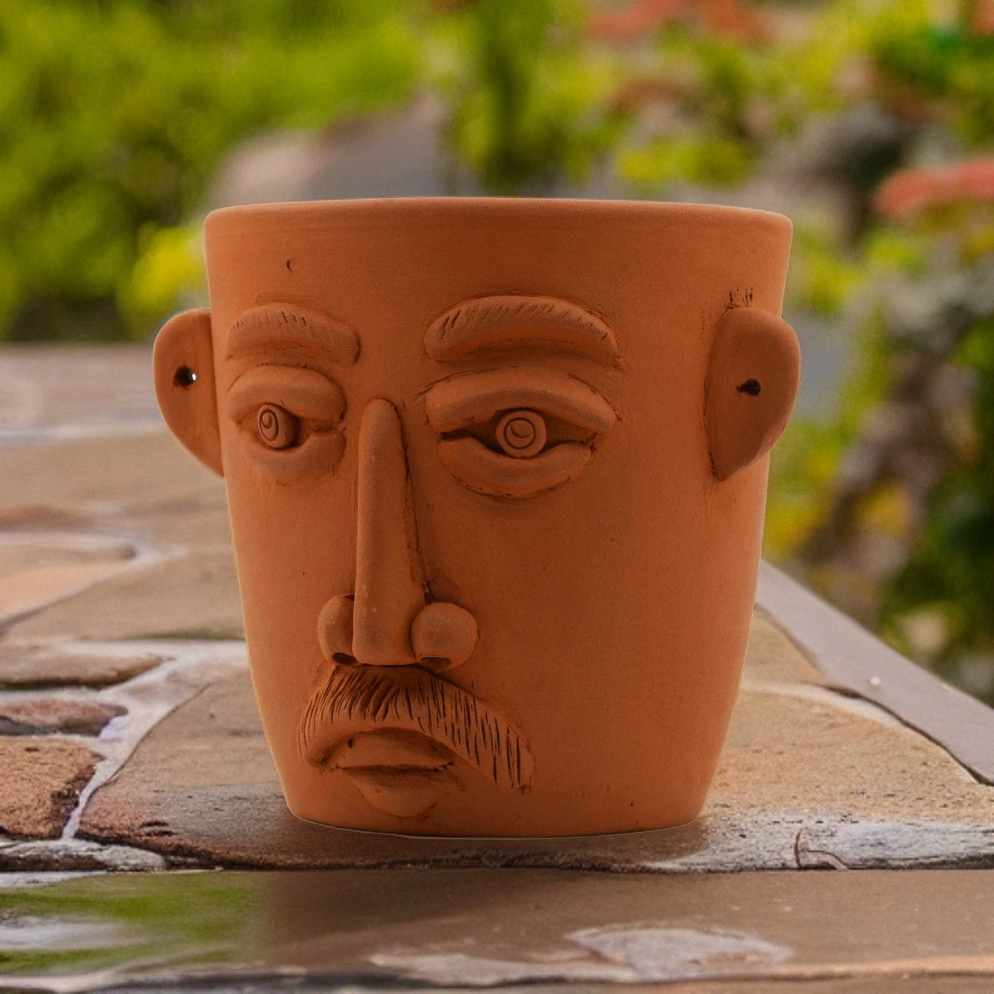 Handmade Terracotta Table Top Planter Face with Moustache | Verified Sustainable by Brown Living™