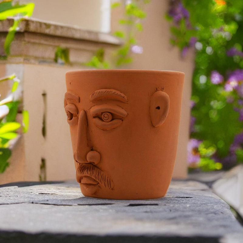 Handmade Terracotta Table Top Planter Face with Moustache | Verified Sustainable Pots & Planters on Brown Living™