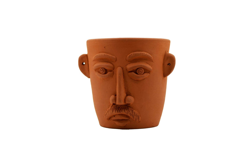 Handmade Terracotta Table Top Planter Face with Moustache | Verified Sustainable Pots & Planters on Brown Living™