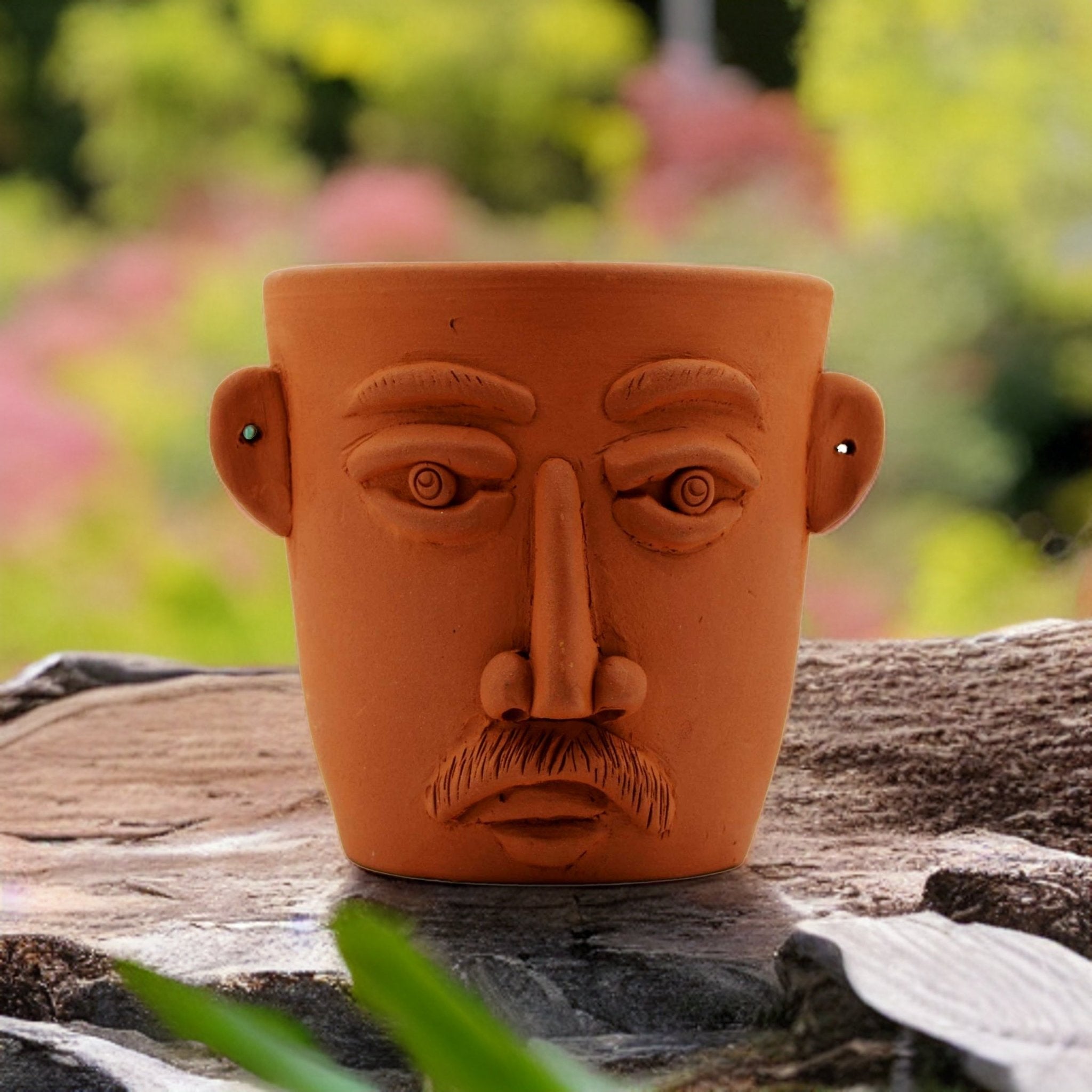 Handmade Terracotta Table Top Planter Face with Moustache | Verified Sustainable by Brown Living™