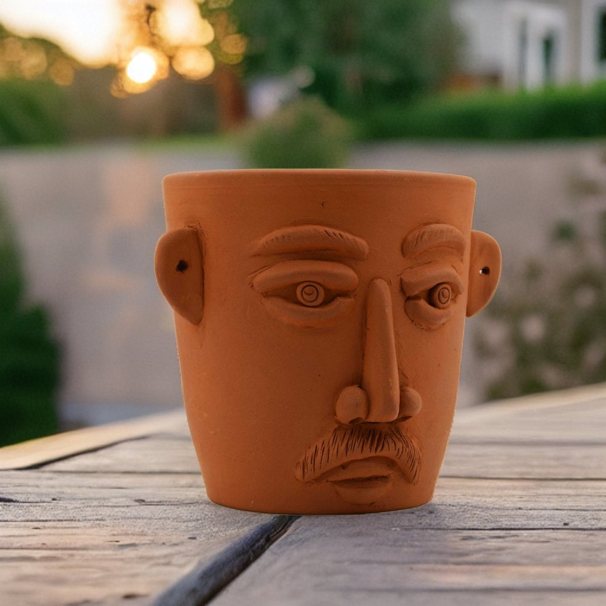 Handmade Terracotta Table Top Planter Face with Moustache | Verified Sustainable by Brown Living™