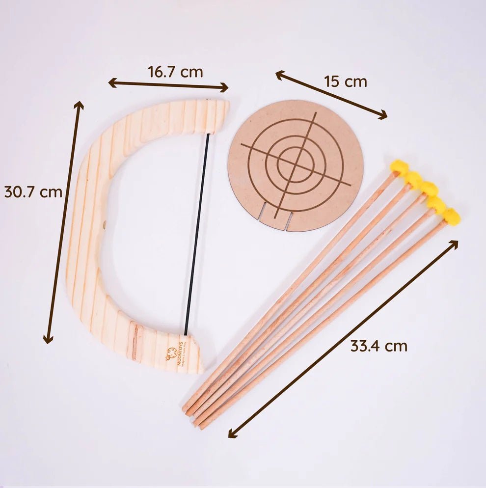 Handmade Wooden Bow & Arrow Set – Pom - Pom Arrows for Kids – Learning & Educational Toys on Brown Living™. SKU: archery. Img 3.