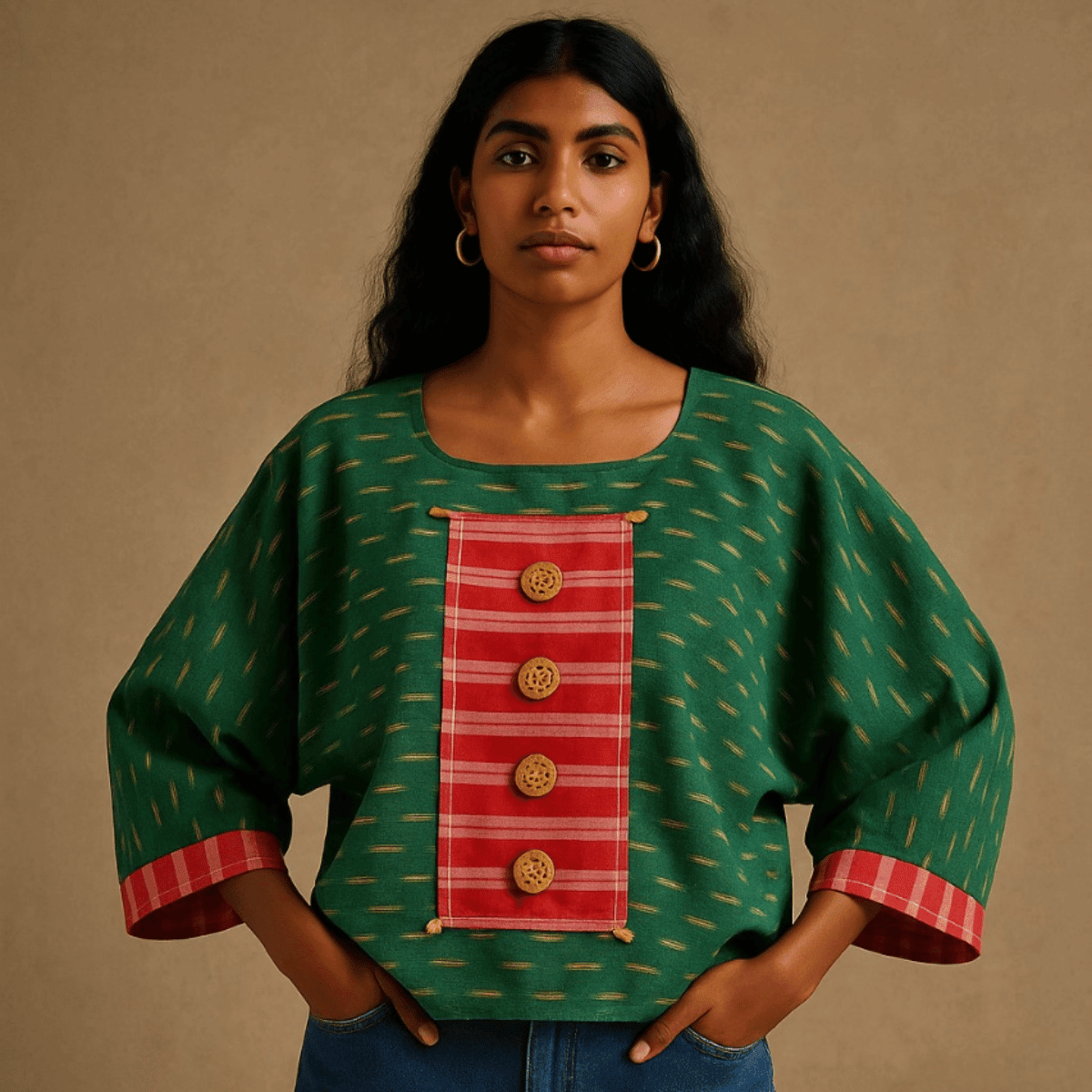 Handwoven Cotton Ikkat Top with Gamcha Yoke & Wooden Buttons – Womens Dress on Brown Living™. SKU: AS-GIWB-003. Img 1.