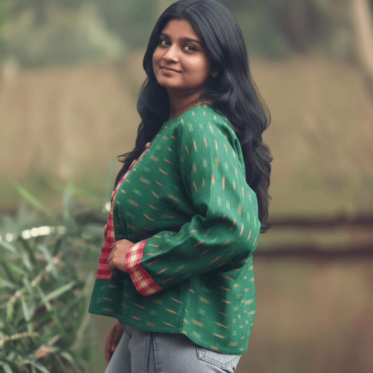 Handwoven Cotton Ikkat Top with Gamcha Yoke & Wooden Buttons – Womens Dress on Brown Living™. SKU: AS-GIWB-003. Img 3.