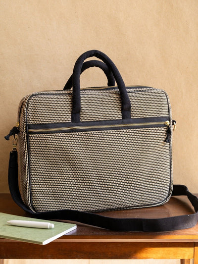 Handwoven Laptop Briefcase | Vindu Artisan Work Bag – Laptop Sleeve on Brown Living™. SKU: S25VINDLPBRC224-BLK. Img 2.