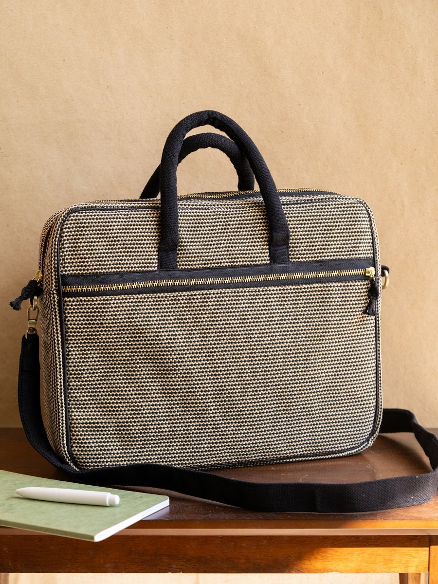 Handwoven Laptop Briefcase | Vindu Artisan Work Bag – Laptop Sleeve on Brown Living™. SKU: S25VINDLPBRC224-BLK. Img 2.
