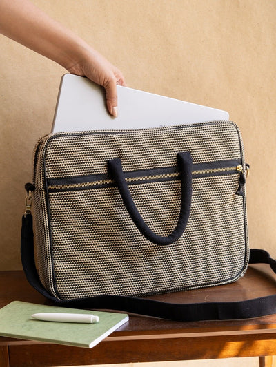 Handwoven Laptop Briefcase | Vindu Artisan Work Bag – Laptop Sleeve on Brown Living™. SKU: S25VINDLPBRC224-BLK. Img 1.