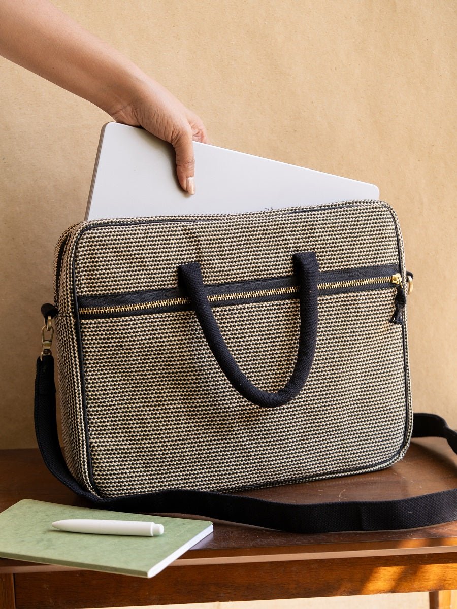 Handwoven Laptop Briefcase | Vindu Artisan Work Bag – Laptop Sleeve on Brown Living™. SKU: S25VINDLPBRC224-BLK. Img 1.