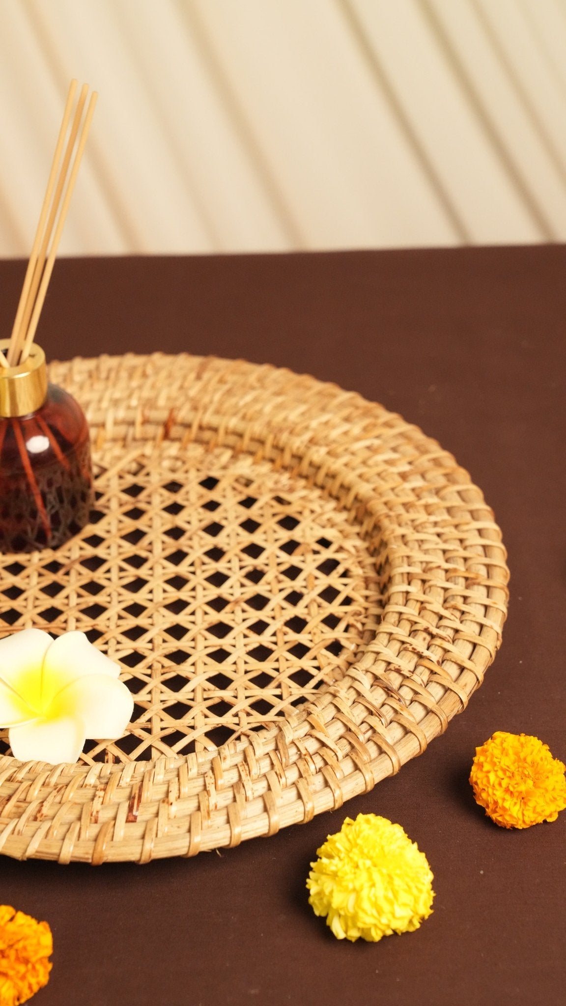 Handwoven Natural Rattan Web Round Tray – Trays & Platters on Brown Living™. SKU: 701R. Img 3.