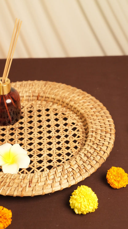 Handwoven Natural Rattan Web Round Tray – Trays & Platters on Brown Living™. SKU: 701R. Img 3.