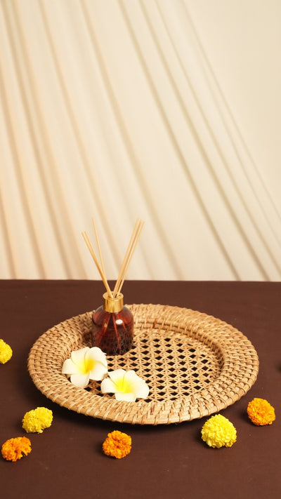 Handwoven Natural Rattan Web Round Tray – Trays & Platters on Brown Living™. SKU: 701R. Img 5.