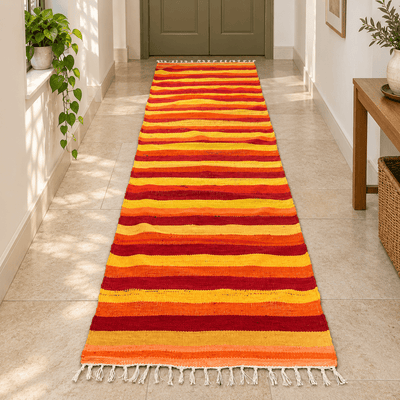 Handwoven Upcycled Textile Dari | Sustainable Floor Mat & Rug – Play Mats on Brown Living™. SKU: DARIORANGE. Img 4.