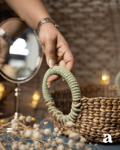 Haritah Pastel Green Oval Basket | Handcrafted Eco - Friendly Storage – Baskets & Boxes on Brown Living™. SKU: 104W. Img 2.