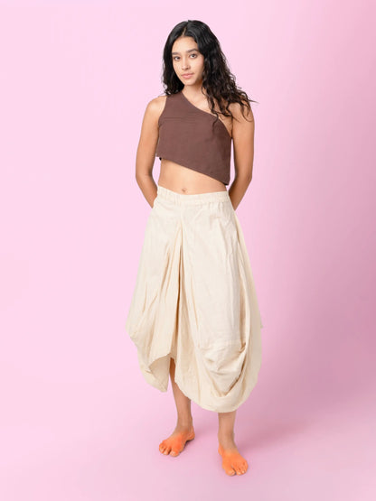 Hary – Sustainable Cotton Linen Draped Harem Skirt – Womens Skirt by Phuhar's available on Brown Living™. Beige Xs. SKU: pH1011. Img 4.