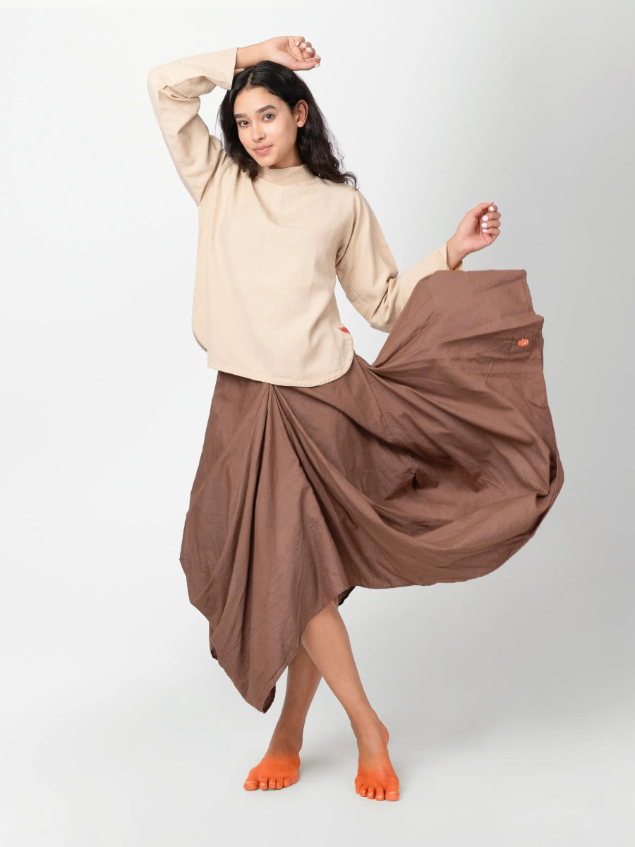 Hary – Sustainable Cotton Linen Draped Harem Skirt – Womens Skirt by Phuhar's available on Brown Living™. Brown Xs. SKU: pH0961. Img 14.
