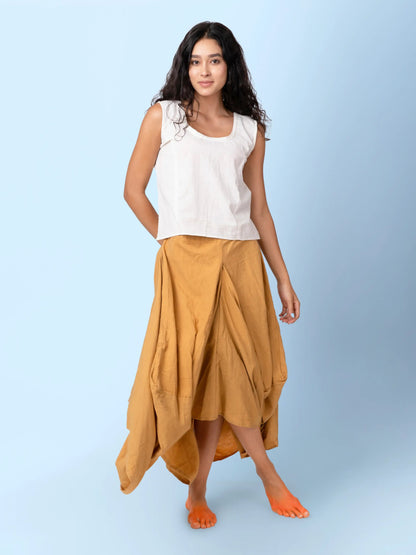 Hary – Sustainable Cotton Linen Draped Harem Skirt – Womens Skirt by Phuhar's available on Brown Living™. Mustard Xs. SKU: pH1161. Img 6.
