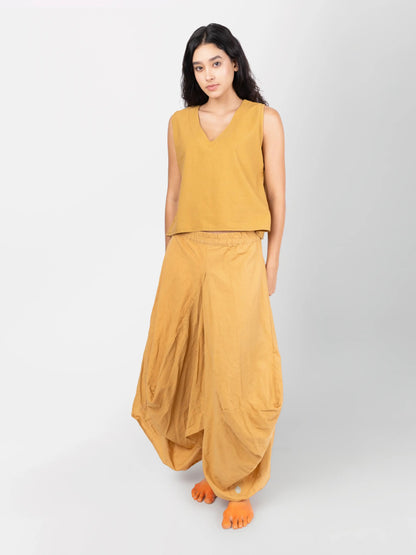 Hary – Sustainable Cotton Linen Draped Harem Skirt – Womens Skirt by Phuhar's available on Brown Living™. Mustard Xs. SKU: pH1161. Img 7.