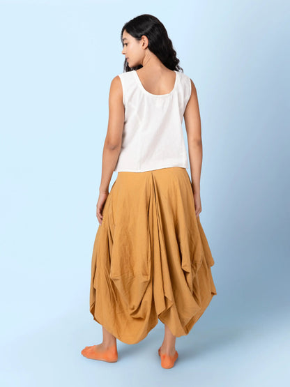 Hary – Sustainable Cotton Linen Draped Harem Skirt – Womens Skirt by Phuhar's available on Brown Living™. Mustard Xs. SKU: pH1161. Img 8.