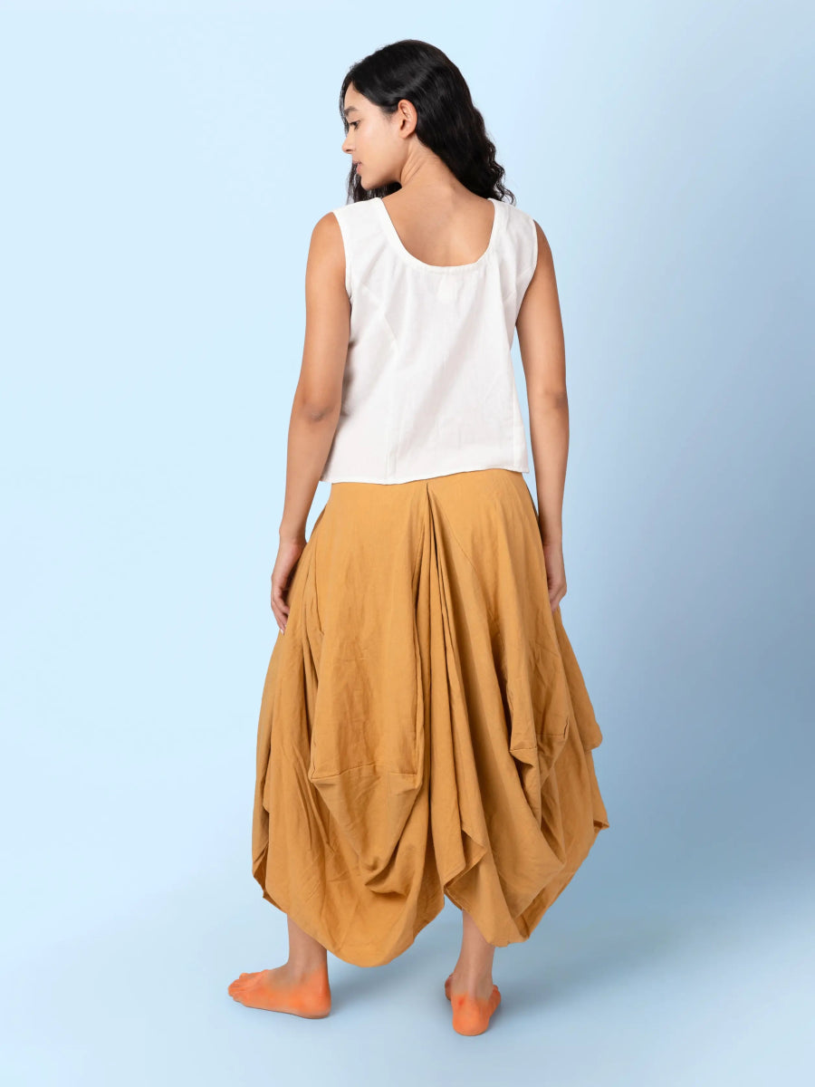 Hary – Sustainable Cotton Linen Draped Harem Skirt – Womens Skirt by Phuhar's available on Brown Living™. Mustard Xs. SKU: pH1161. Img 8.