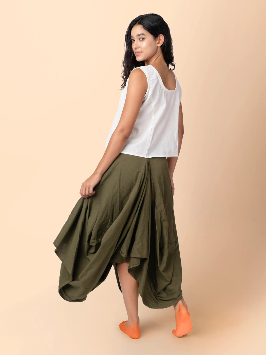 Hary – Sustainable Cotton Linen Draped Harem Skirt – Womens Skirt by Phuhar's available on Brown Living™. Olive Xs. SKU: pH1061. Img 2.