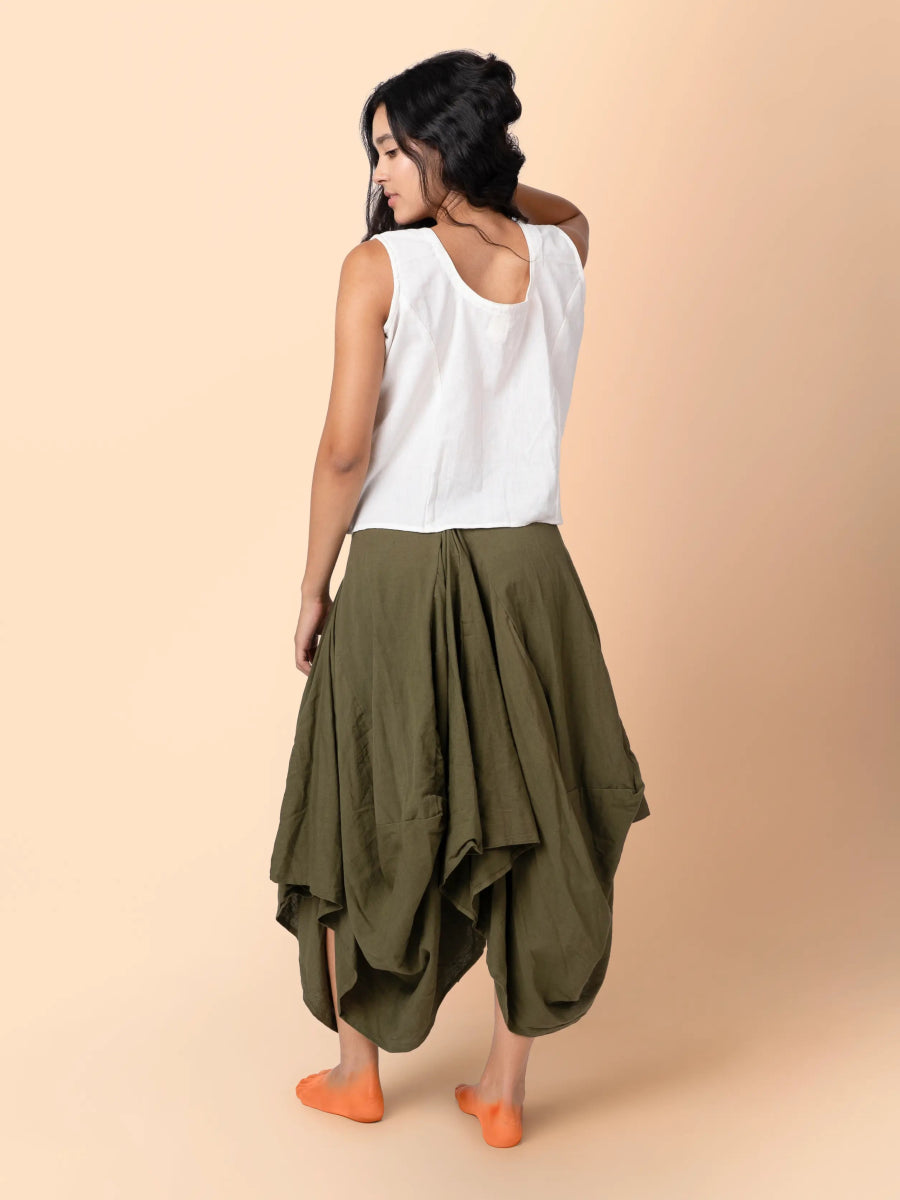 Hary – Sustainable Cotton Linen Draped Harem Skirt – Womens Skirt by Phuhar's available on Brown Living™. Olive Xs. SKU: pH1061. Img 3.