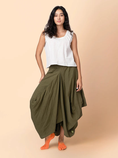 Hary – Sustainable Cotton Linen Draped Harem Skirt – Womens Skirt by Phuhar's available on Brown Living™. Olive Xs. SKU: pH1061. Img 1.