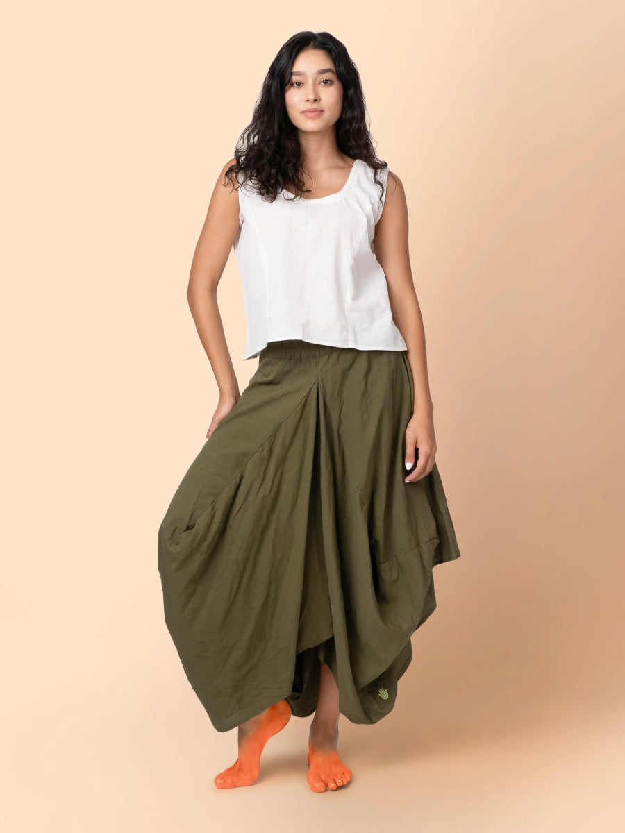 Hary – Sustainable Cotton Linen Draped Harem Skirt – Womens Skirt by Phuhar's available on Brown Living™. Olive Xs. SKU: pH1061. Img 1.