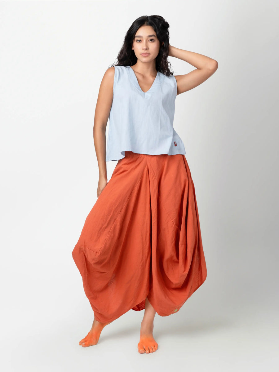Hary – Sustainable Cotton Linen Draped Harem Skirt – Womens Skirt by Phuhar's available on Brown Living™. Rust Xs. SKU: pH1111. Img 9.