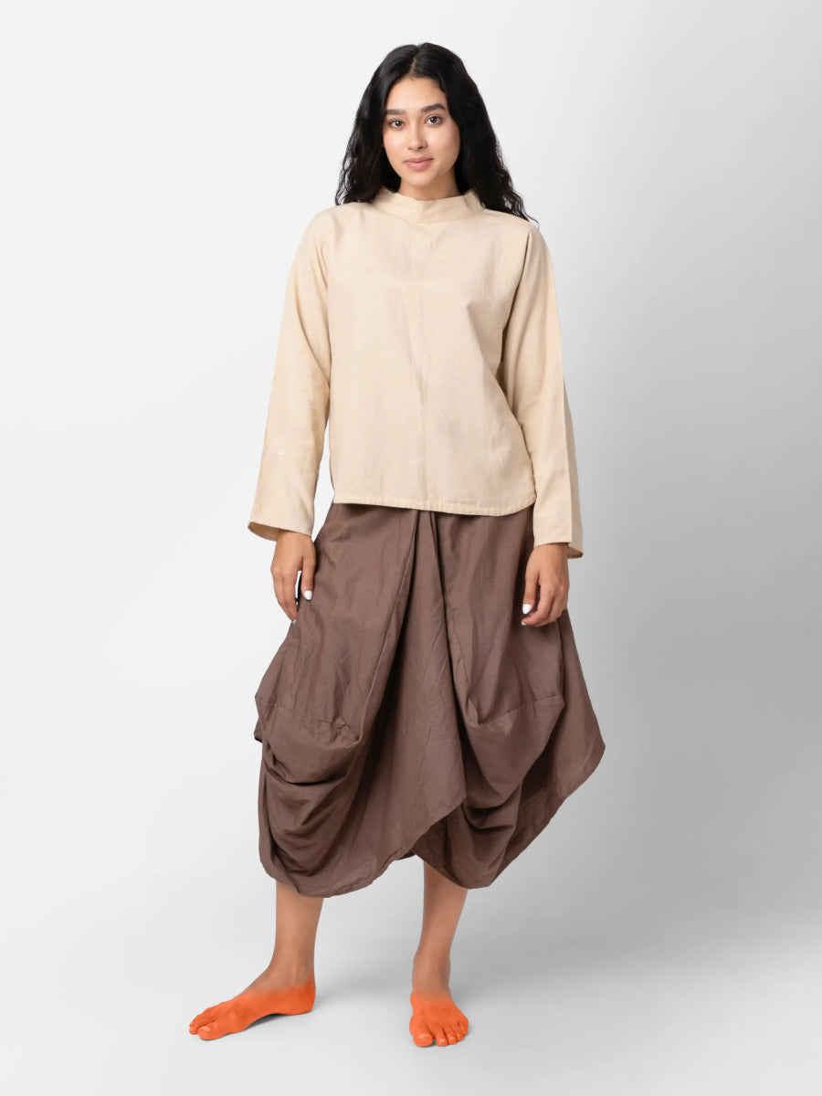 Hary – Sustainable Cotton Linen Draped Harem Skirt – Womens Skirt by Phuhar's available on Brown Living™. Rust Xs. SKU: pH1111. Img 11.
