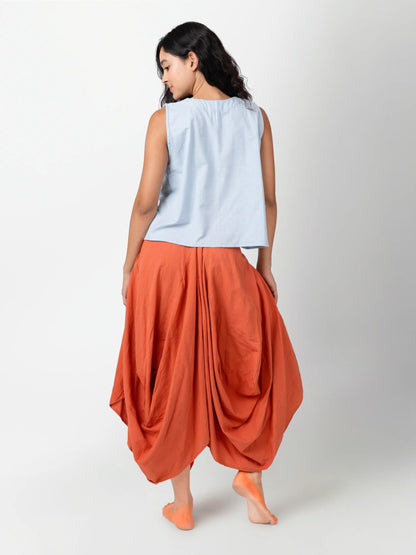 Hary – Sustainable Cotton Linen Draped Harem Skirt – Womens Skirt by Phuhar's available on Brown Living™. Rust Xs. SKU: pH1111. Img 10.