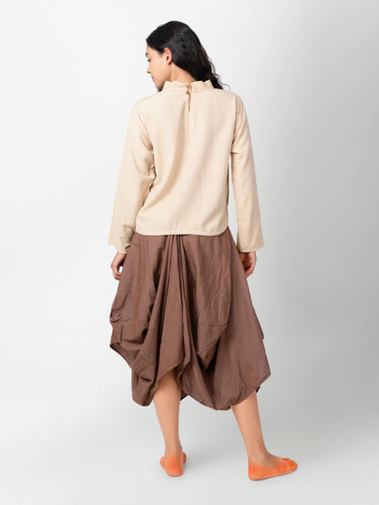 Hary – Sustainable Cotton Linen Draped Harem Skirt – Womens Skirt by Phuhar's available on Brown Living™. Rust Xs. SKU: pH1111. Img 12.