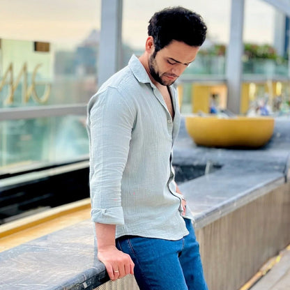 Haze Gauge Cotton Grey Shirt with Lightweight Texture – Mens Shirt on Brown Living™. SKU: DM - GR - F - S. Img 4.