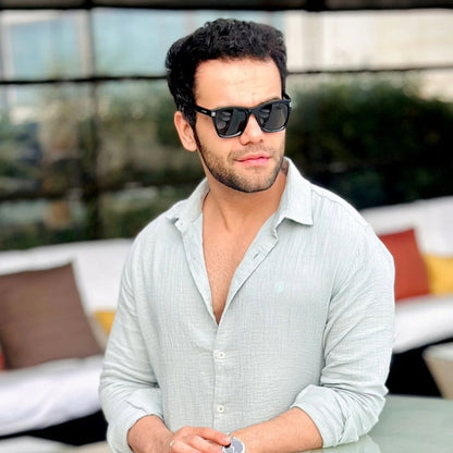 Haze Gauge Cotton Grey Shirt with Lightweight Texture – Mens Shirt on Brown Living™. SKU: DM - GR - F - S. Img 1.