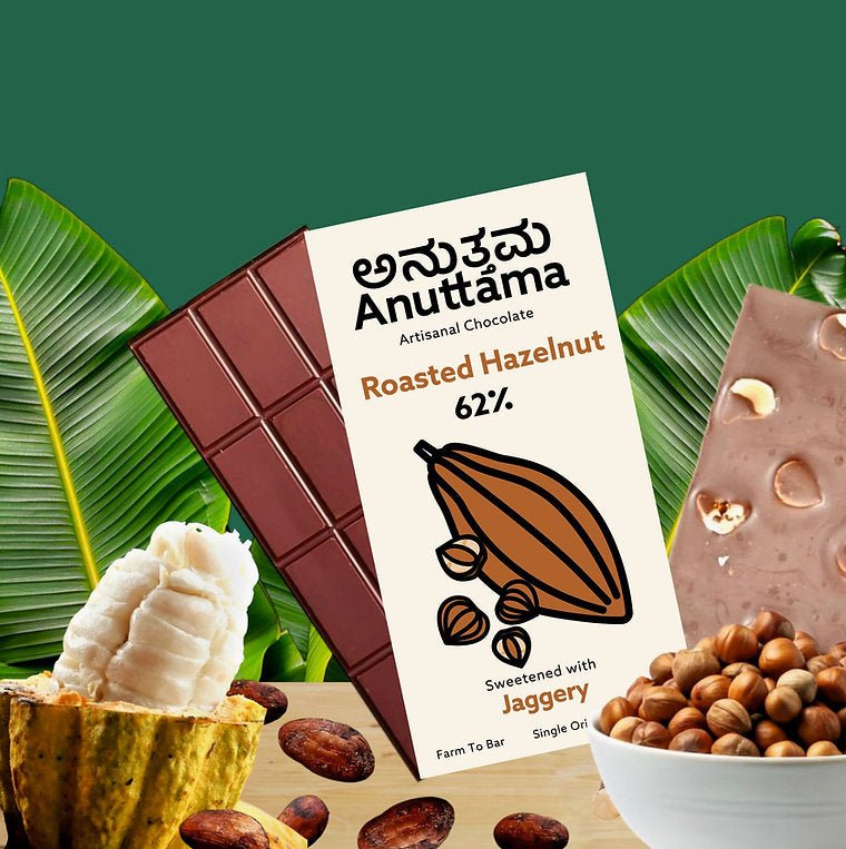 Hazelnut Dark Chocolate | 62% Cocoa Jaggery Sweetened Gourmet Bar – Chocolates on Brown Living™. SKU: 8931500378677. Img 1.