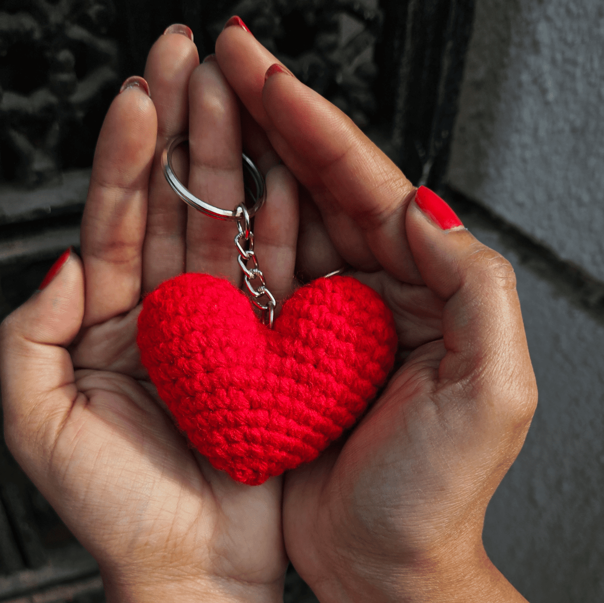 Heart Keychain - Handmade Crochet Charm for Bags & Keys – Gift by Wishing Treasure available on Brown Living™. . SKU: WTHK1. Img 2.