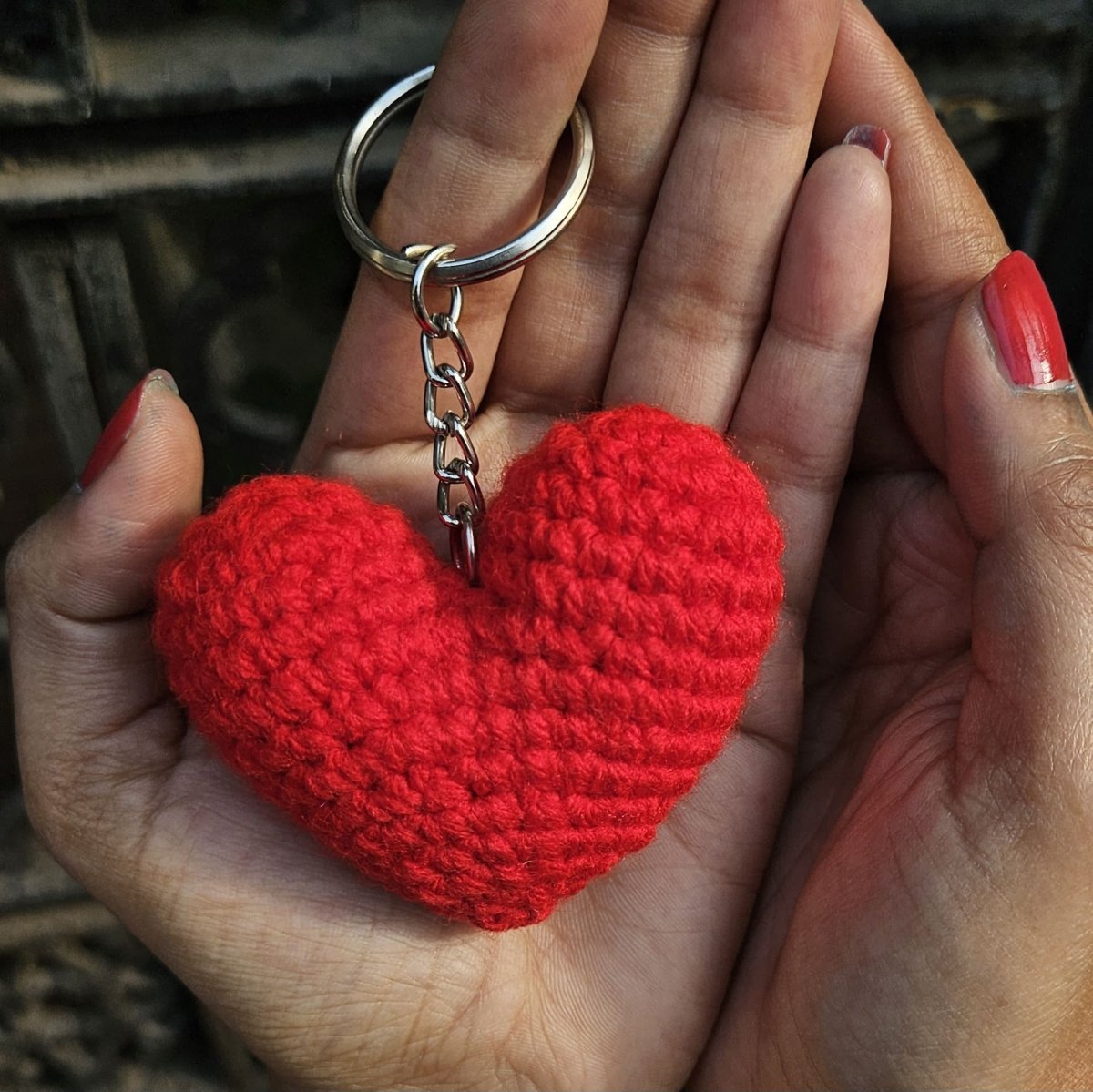Heart Keychain - Handmade Crochet Charm for Bags & Keys – Gift by Wishing Treasure available on Brown Living™. . SKU: WTHK1. Img 3.
