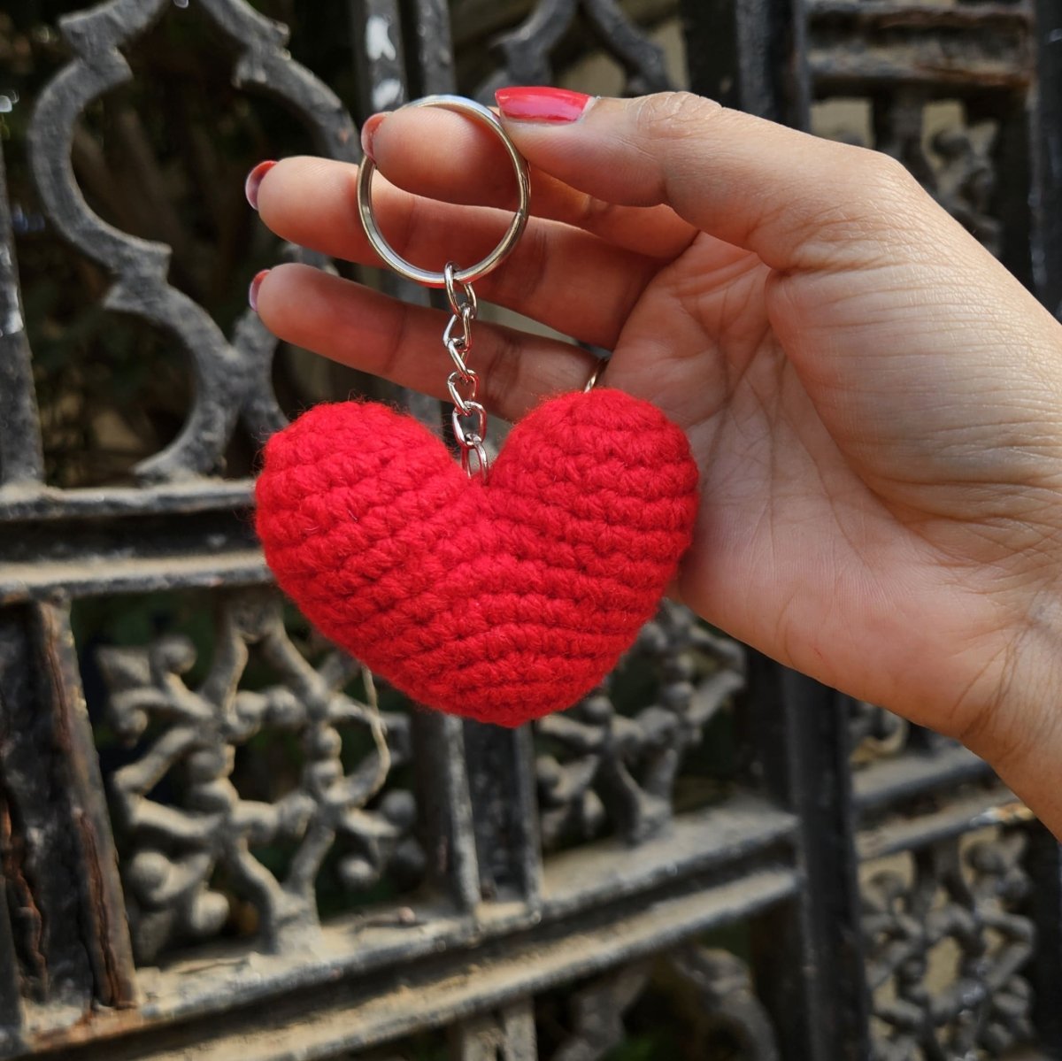 Heart Keychain - Handmade Crochet Charm for Bags & Keys – Gift by Wishing Treasure available on Brown Living™. . SKU: WTHK1. Img 4.
