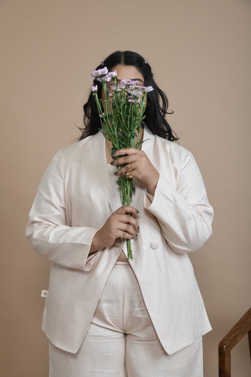 Hemp Crop Blazer For Officewear And Modern Dressing – Womens Jacket by Pravaah India available on Brown Living™. S Peach. SKU: PRA24CL2PS. Img 4.