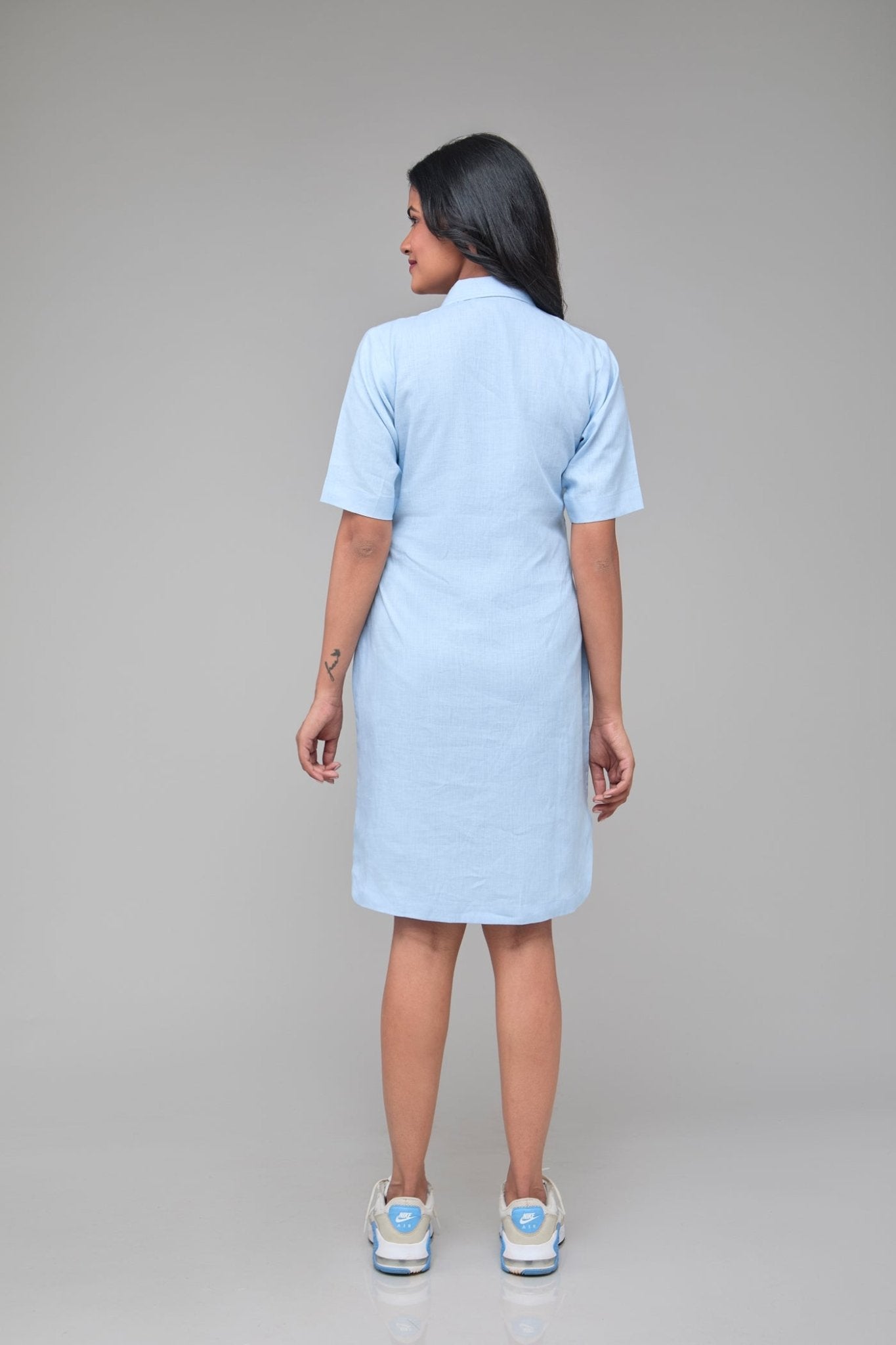 Hemp Front Button Down Shirt Dress Sky Blue – Womens Dress on Brown Living™. SKU: GD09-BLUEBERRY-S. Img 3.