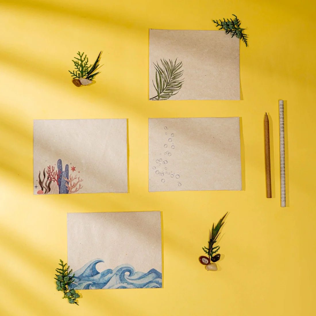 Hemp Paper Note Cards | Set 5 Envelopes | Uttarakhand, Samudra & Pushp – Greeting & Note Cards by Pravaah India available on Brown Living™. Samudra Note Cards Set . SKU: PRA23ST01NC. Img 2.