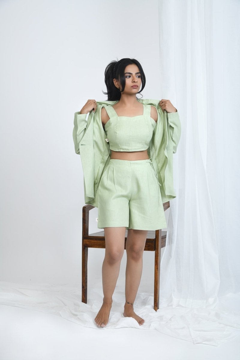 Hemp Side Tie Shorts Natural Comfort With a Modern Touch – Womens Shorts by Pravaah India available on Brown Living™. S Pistachio. SKU: PRA24CL3GS. Img 2.
